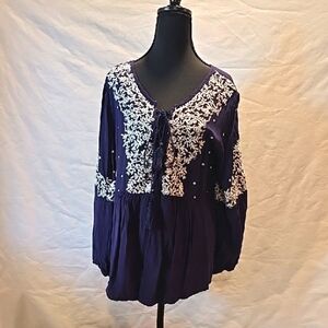 Luna Moon Long Sleeve Blue and White  Embellished Blouse with Tie Front XL
